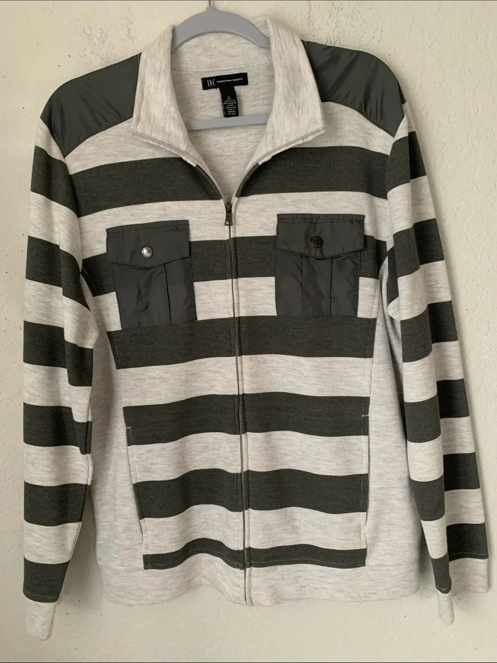 INC International Concepts Men Striped Zip Jacket Sweater Pockets Size L